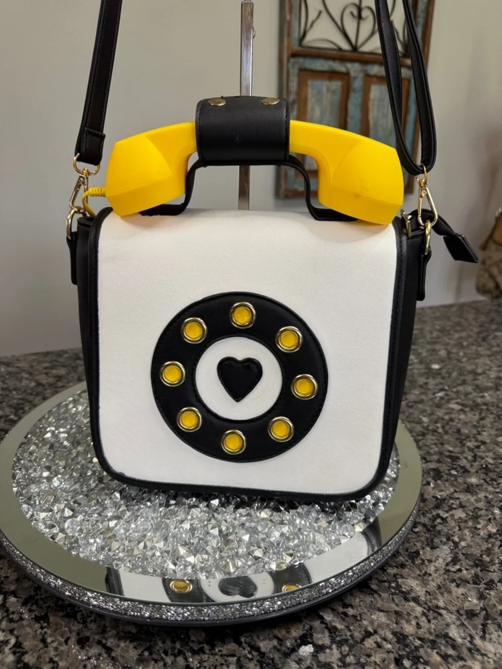 Bam Forever Retro White and Black Crossbody Bag with Yellow Handset Accent EUC